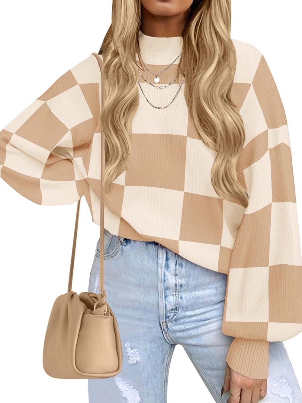 Khaki Checkerboard Knit Sweater Pullover